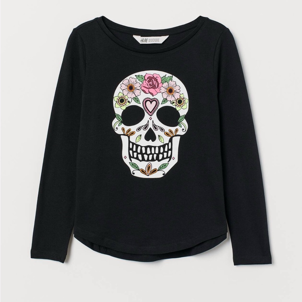 H&M Girls size 10/12 Black Longsleeve Sugar Skull Tee